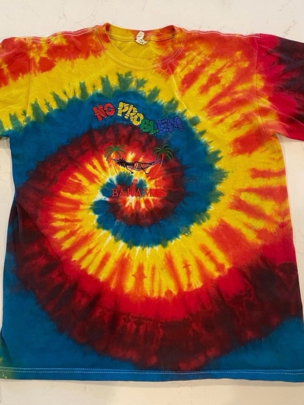 Bahamas No Problem tie dye tshirt full embroidery short sleeve women sz M boho